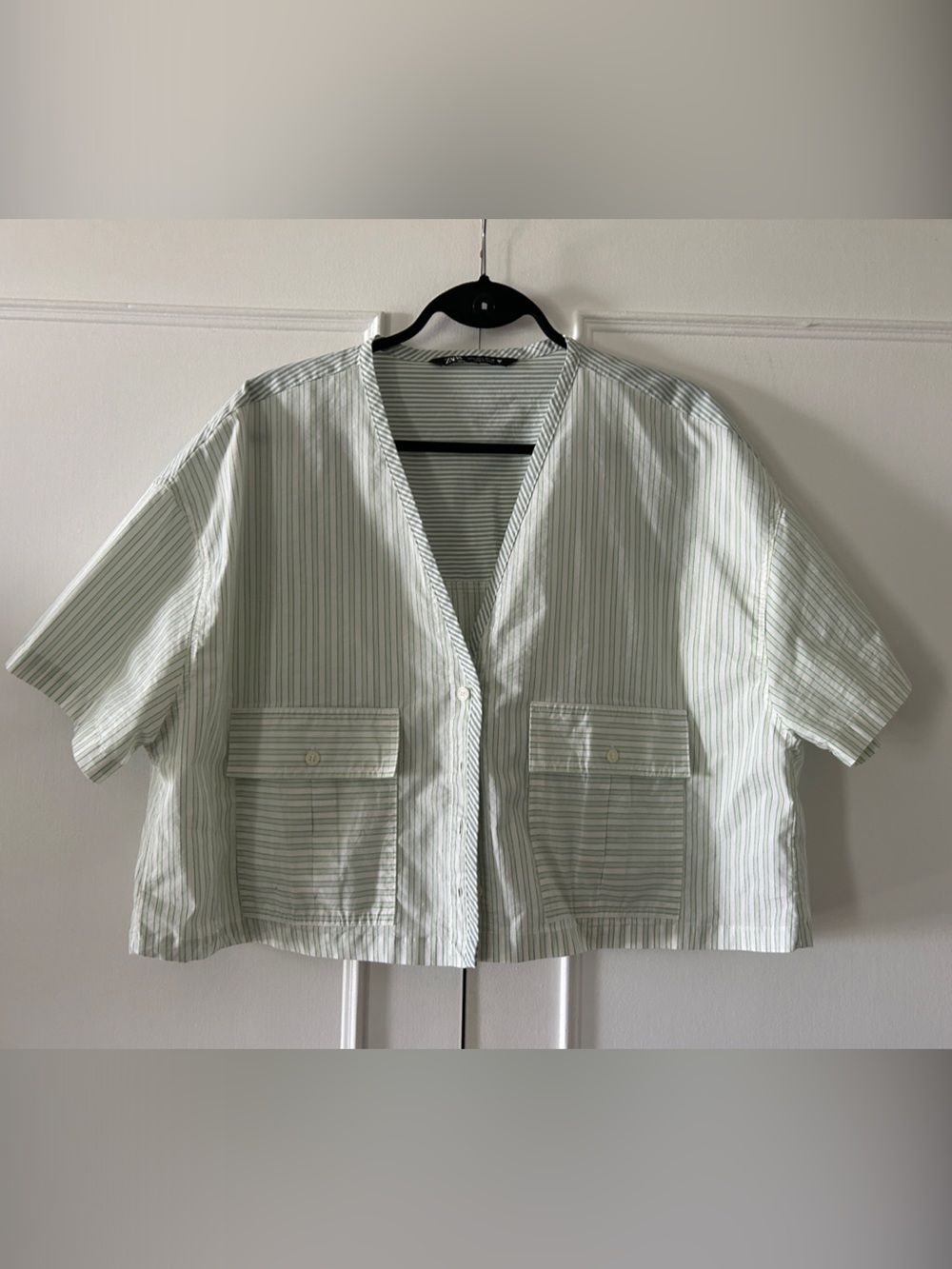 Zara Light Green and White Striped Short Sleeve Button-Down Shirt